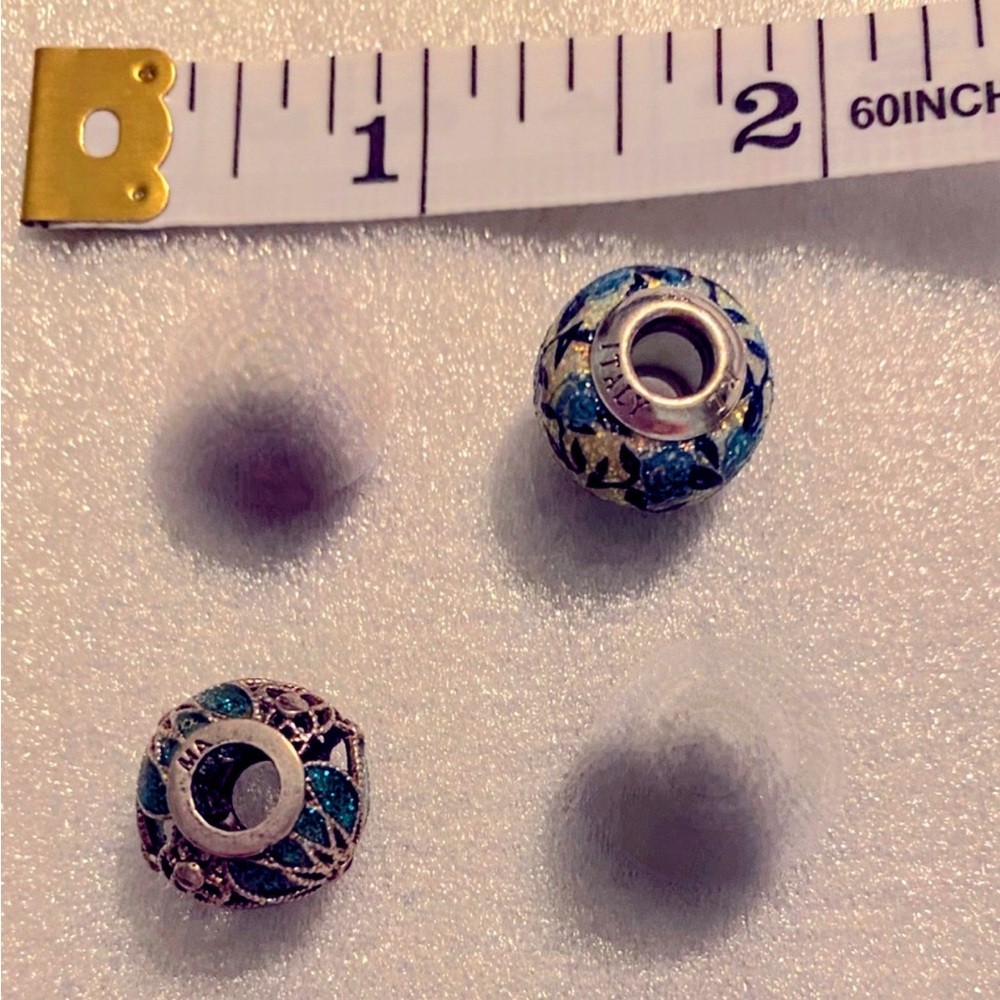 Pandora 2 Charms Floral Sparkle & Vintage Turquoise Sterling Silver EUC